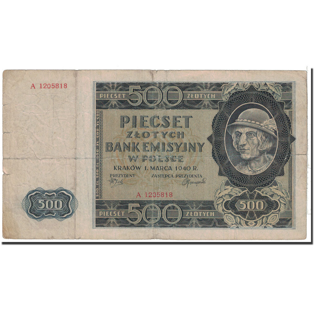 Poland, 500 Zlotych, 1940, KM:98, 1940-03-01, VF(20-25)