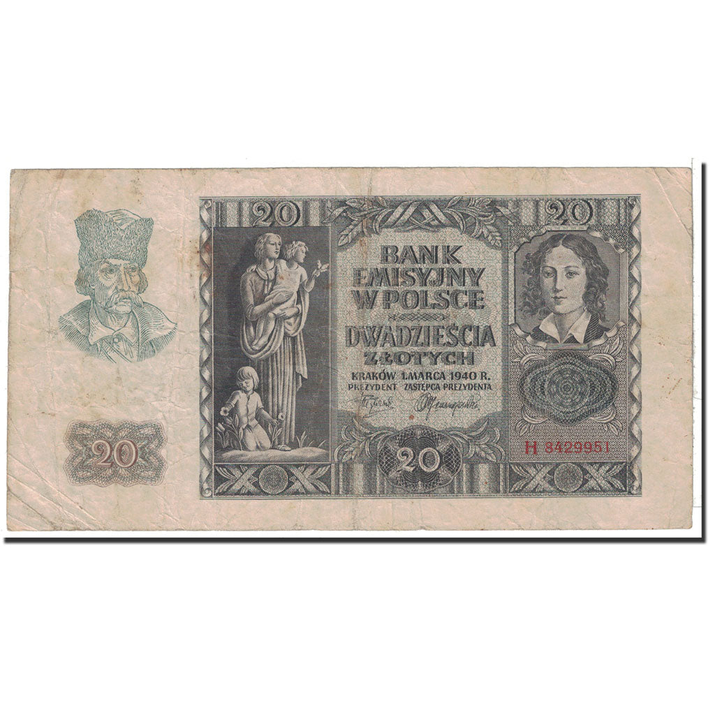 Poland, 20 Zlotych, 1940, KM:95, 1940-03-01, VF(20-25)