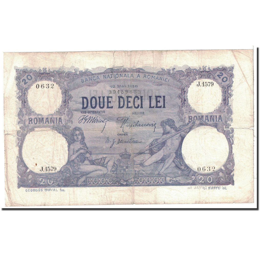 Romania, 20 Lei, 1916, KM:20a, 1916-05-12, VF(30-35)