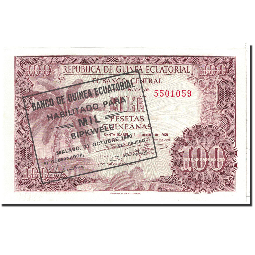 Banconote, Guinea equatoriale, 1000 Bipkwele on 100 Pesetas, 1980, KM:18