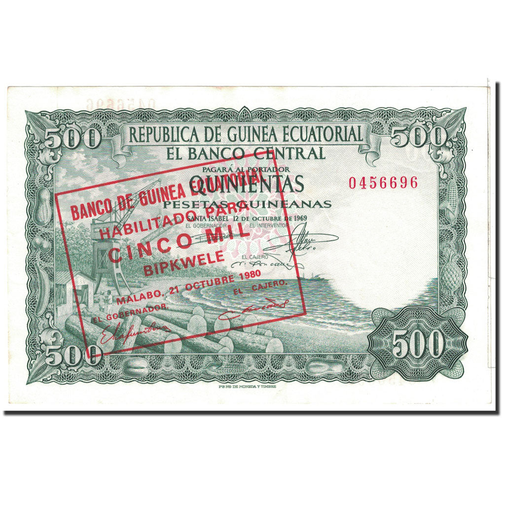 Banknote, Equatorial Guinea, 5000 Bipkwele on 500 Pesetas, 1980, 1980-10-21