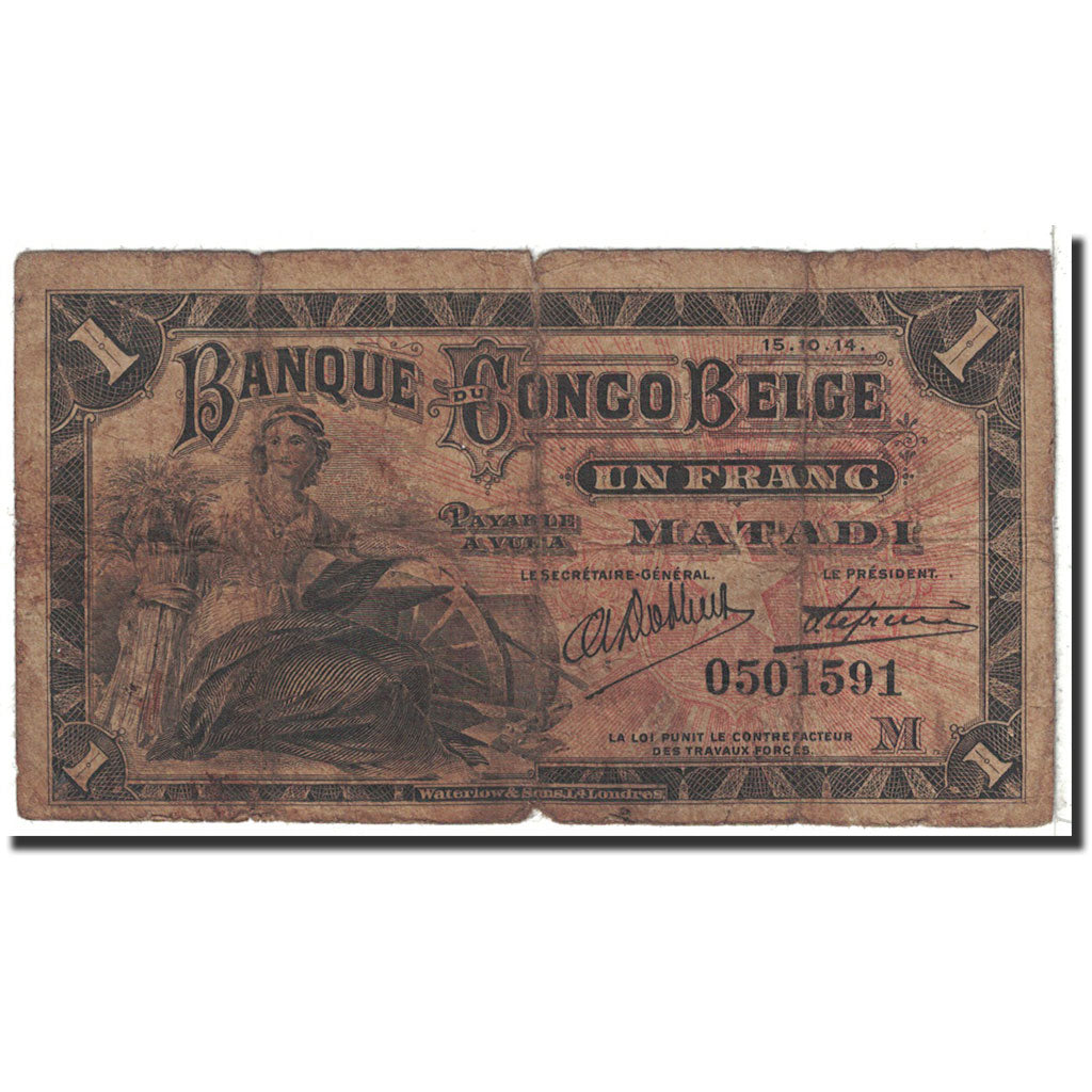 Belgian Congo, 1 Franc, 1914, KM:3b, 1914-10-15, VG(8-10)