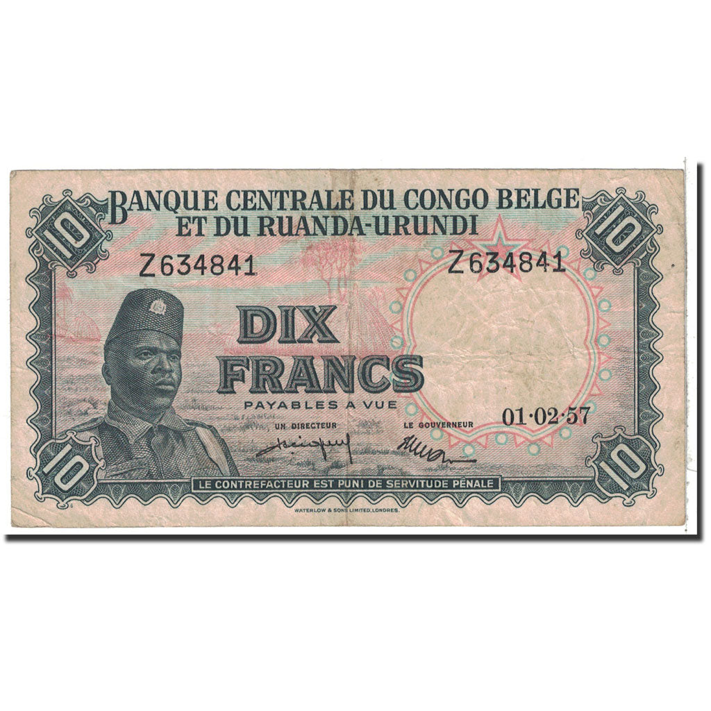 Belgian Congo, 10 Francs, 1957, KM:30b, 1957-02-01, EF(40-45)