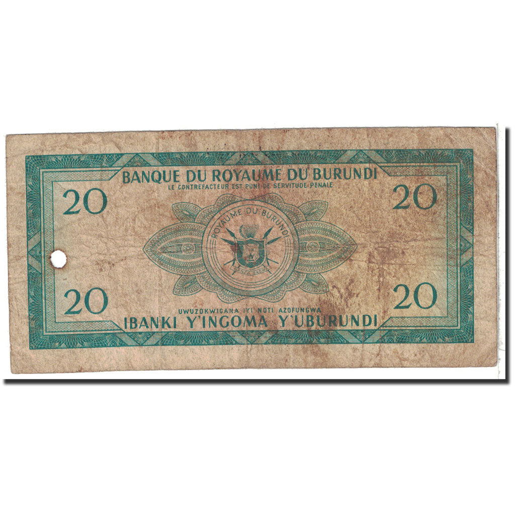 Burundi, 20 Francs, 1965, KM:15, 1965-03-20, VF(20-25)