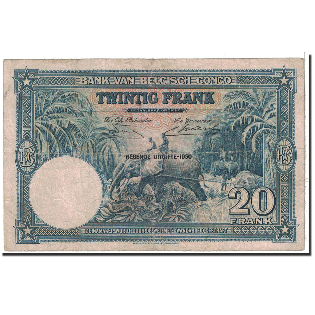 Belgian Congo, 20 Francs, 1950, KM:15H, 1950-04-11, VF(20-25)