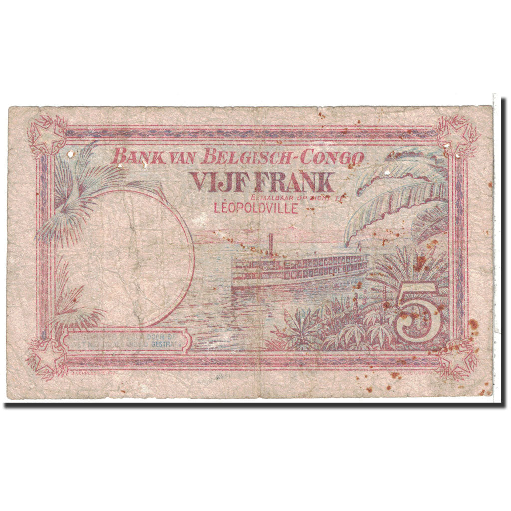 Belgian Congo, 5 Francs, 1926, KM:8b, 1926-07-03, F(12-15)