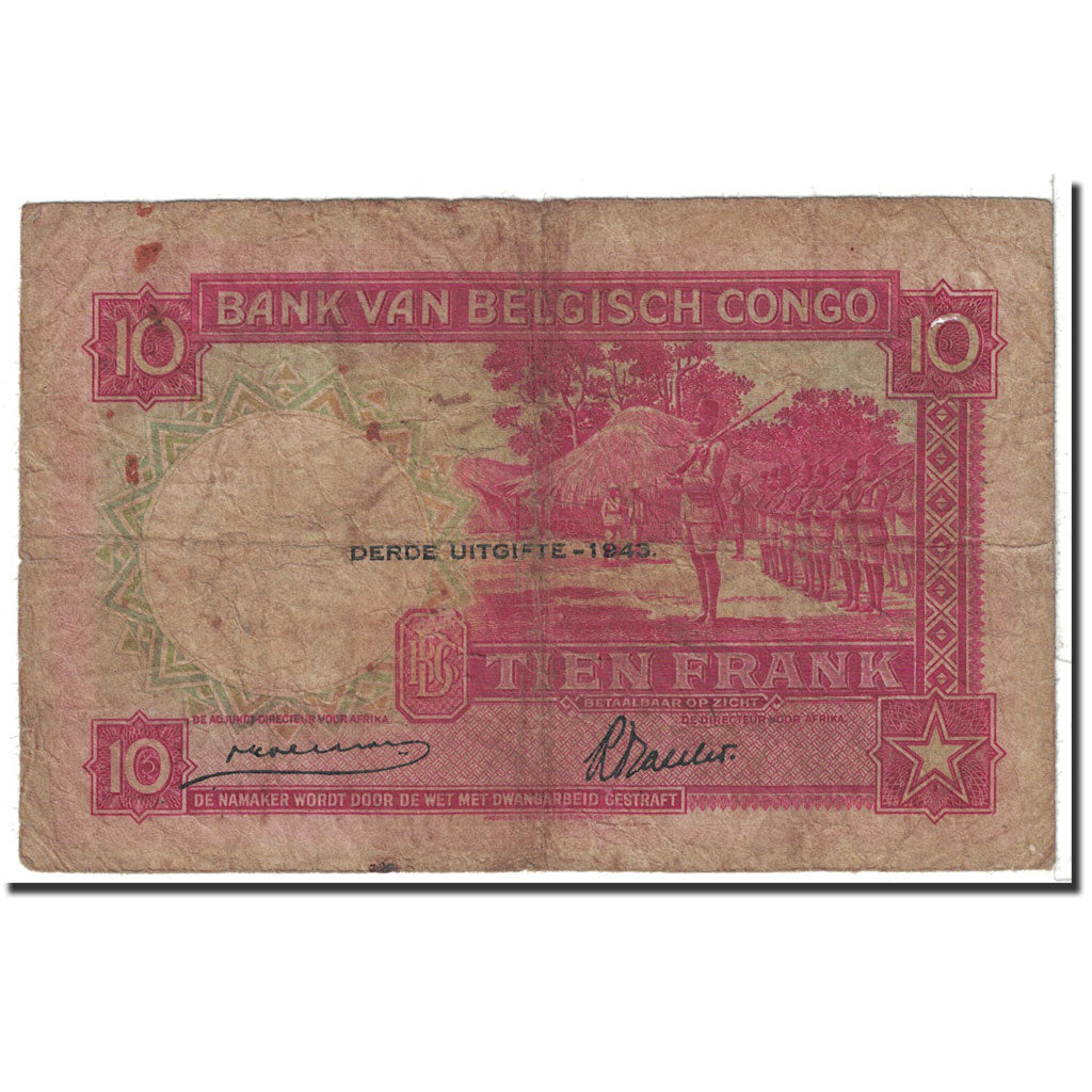 Belgian Congo, 10 Francs, 1943, KM:14c, 1943-02-10, VG(8-10)