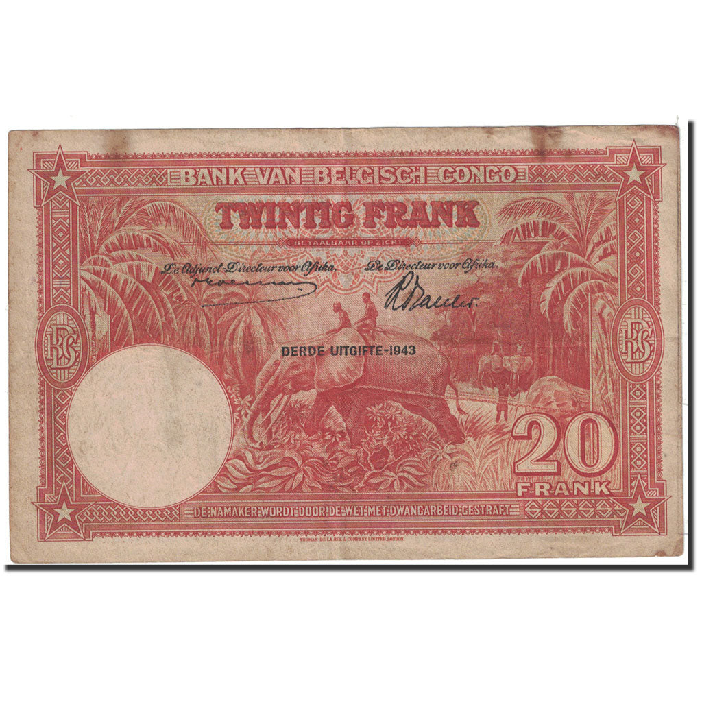 Banknote, Belgian Congo, 20 Francs, 1942, 1942-12-10, KM:15b, EF(40-45)