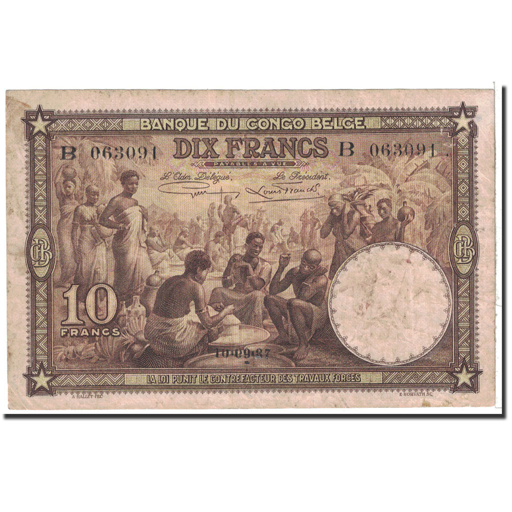 Belgian Congo, 10 Francs, 1937, KM:9, 1937-09-10, VF(20-25)