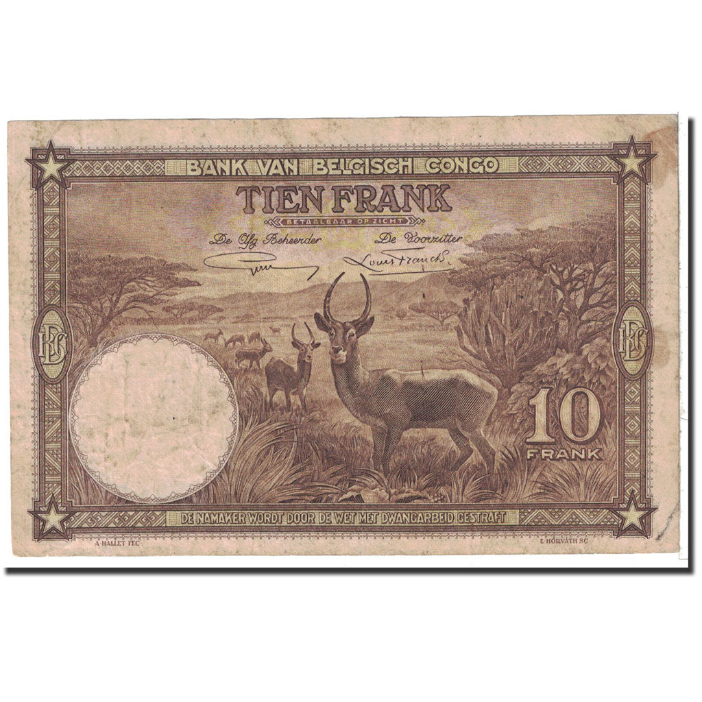 Belgian Congo, 10 Francs, 1937, KM:9, 1937-09-10, VF(20-25)