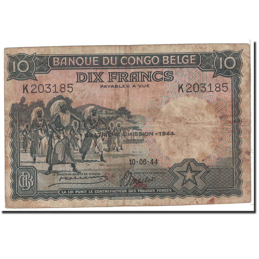 Banknote, Belgian Congo, 10 Francs, 1944, 1944-06-10, KM:14d, VF(20-25)