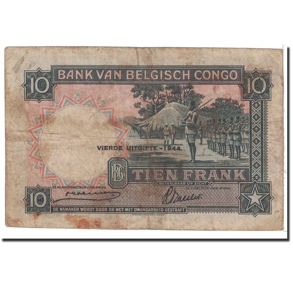 Banknote, Belgian Congo, 10 Francs, 1944, 1944-06-10, KM:14d, VF(20-25)