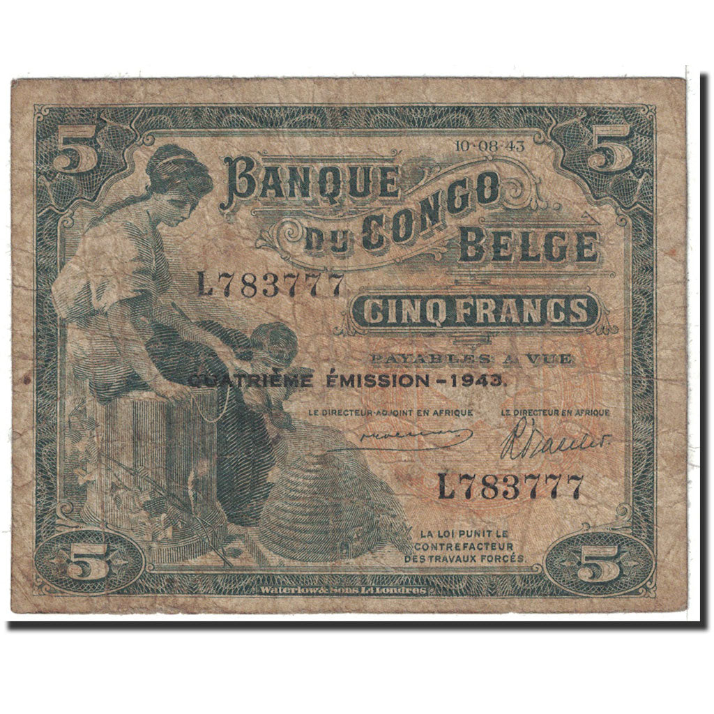 Belgian Congo, 5 Francs, 1943, KM:13Ab, 1943-08-10, VG(8-10)