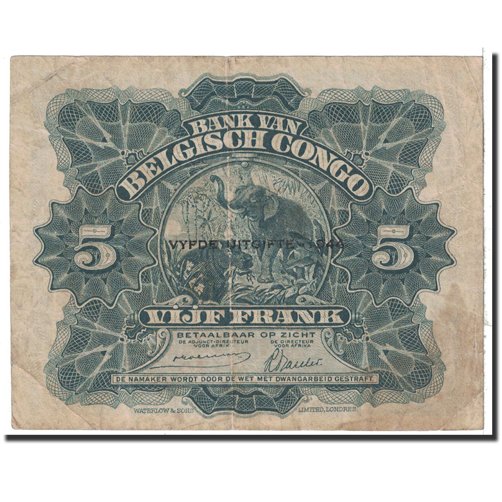 Belgian Congo, 5 Francs, 1944, KM:13Ac, 1944-03-10, VF(30-35)