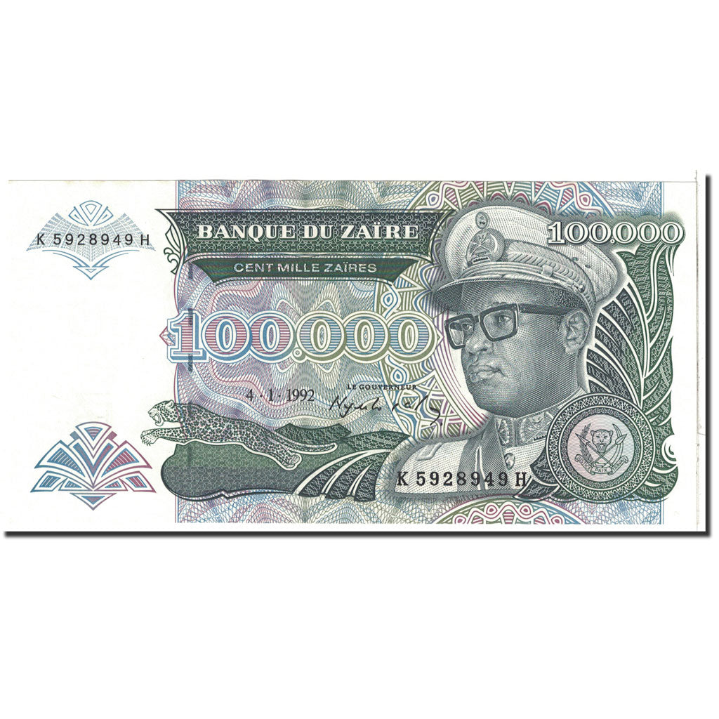 Banknote, Zaire, 100,000 Zaïres, 1992, 1992-01-04, KM:41a, UNC(65-70)