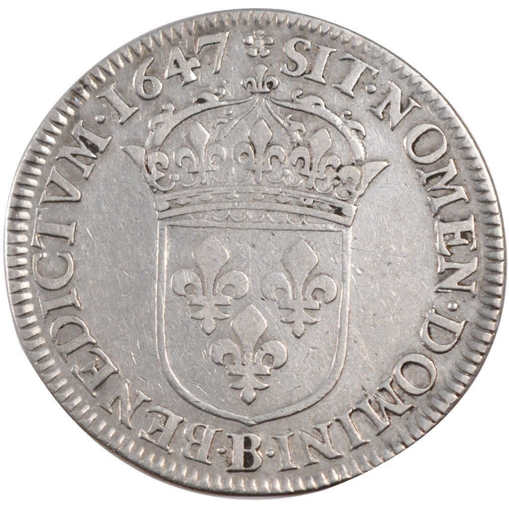 FRANCE, 1/2 Écu à la mèche longue, 1/2 Ecu, 1647, Rouen, VF(30-35), Silver, Gado