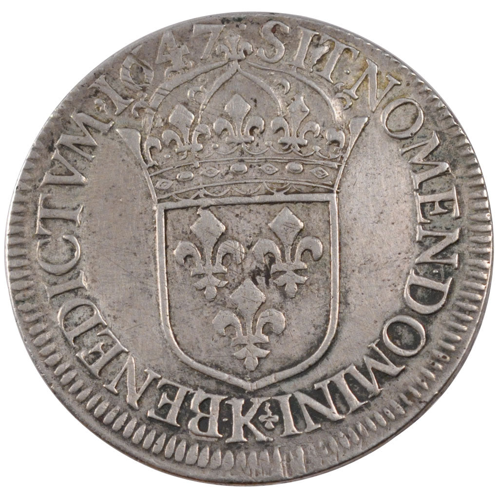 FRANCE, Écu à la mèche longue, ECU, 1647, Bordeaux, KM #155.9, AU(50-53), Silver