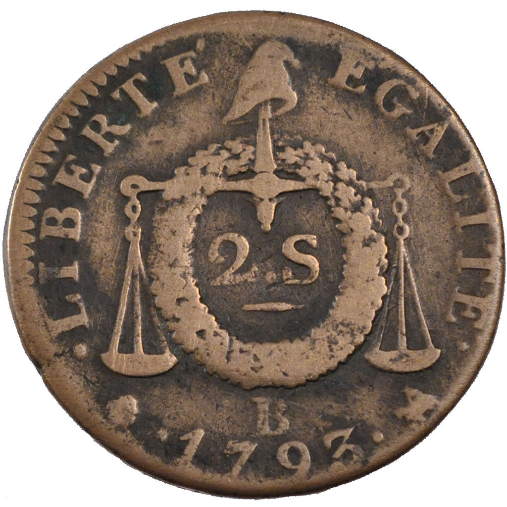 FRANCE, 2 Sols, 1793, Rouen, AU(50-53), Bronze, Gadoury #31, 22.80