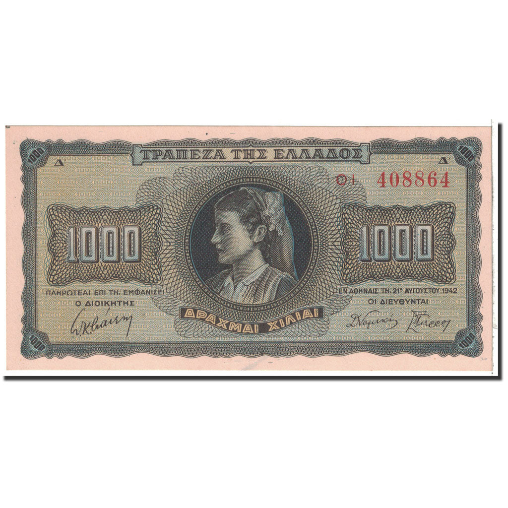 Banknote, Greece, 1000 Drachmai, 1942, 1942-08-21, KM:118a, UNC(65-70)