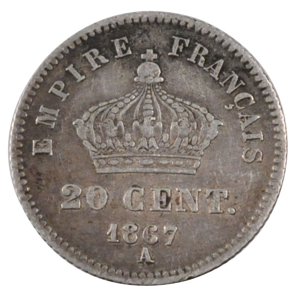 FRANCE, Napoléon III, 20 Centimes, 1867, Paris, KM #808.1, AU(50-53), Silver, G.