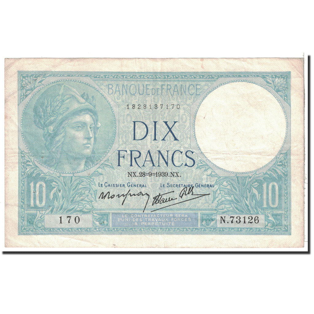 Banknote, France, 10 Francs, 1939, 1939-09-28, EF(40-45), Fayette:7.9, KM:84
