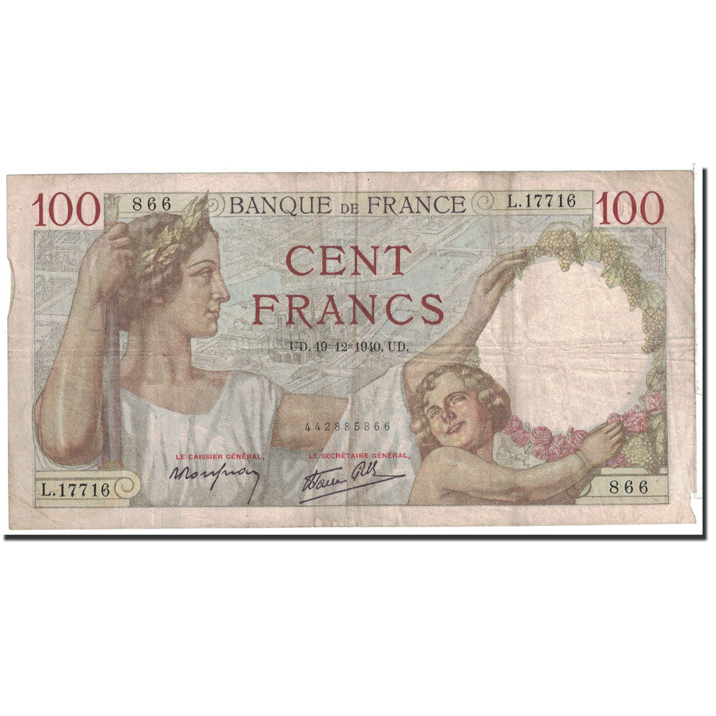 Geldschein, Frankreich, 100 Francs, 1940, 1940-12-19, S+, Fayette:26.43, KM:94