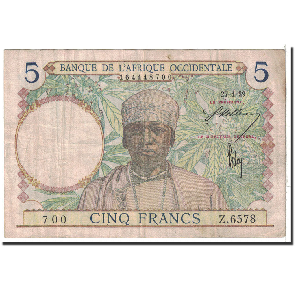 Banknote, French West Africa, 5 Francs, 1939, 1939-04-27, KM:21, VF(30-35)