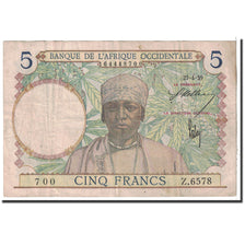 Billet, French West Africa, 5 Francs, 1939, 1939-04-27, KM:21, TB+