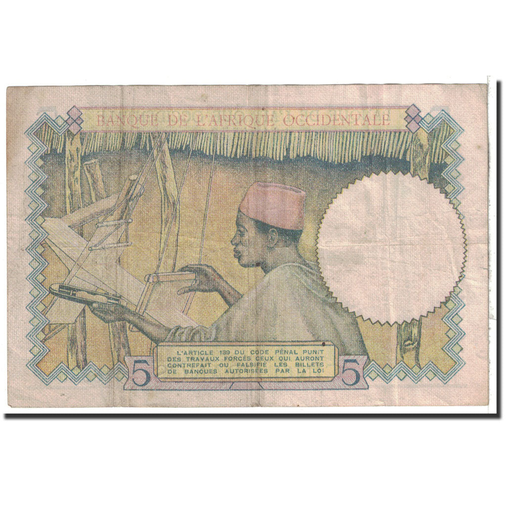 Banknote, French West Africa, 5 Francs, 1939, 1939-04-27, KM:21, VF(30-35)