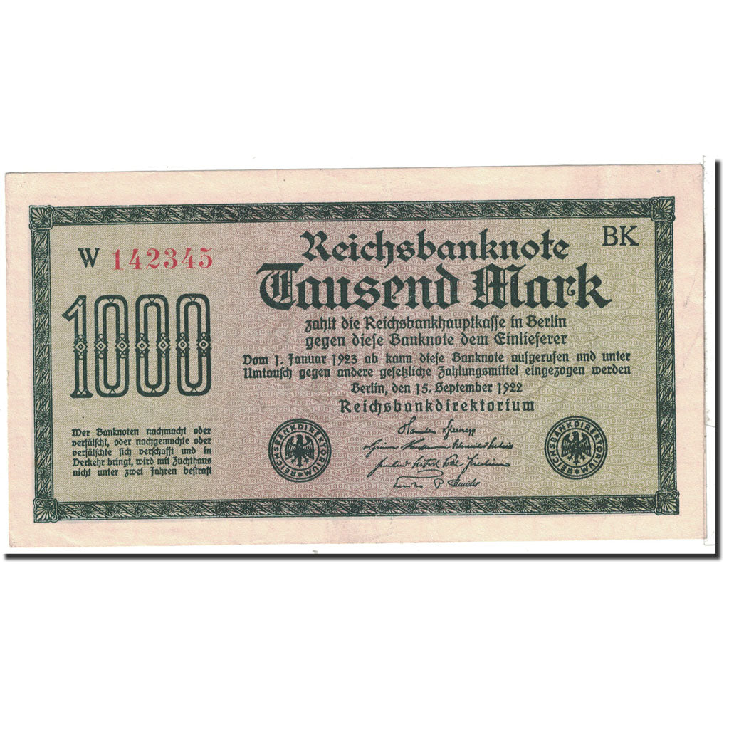 Banknote, Germany, 1000 Mark, 1922, 1922-09-15, KM:76e, AU(55-58)