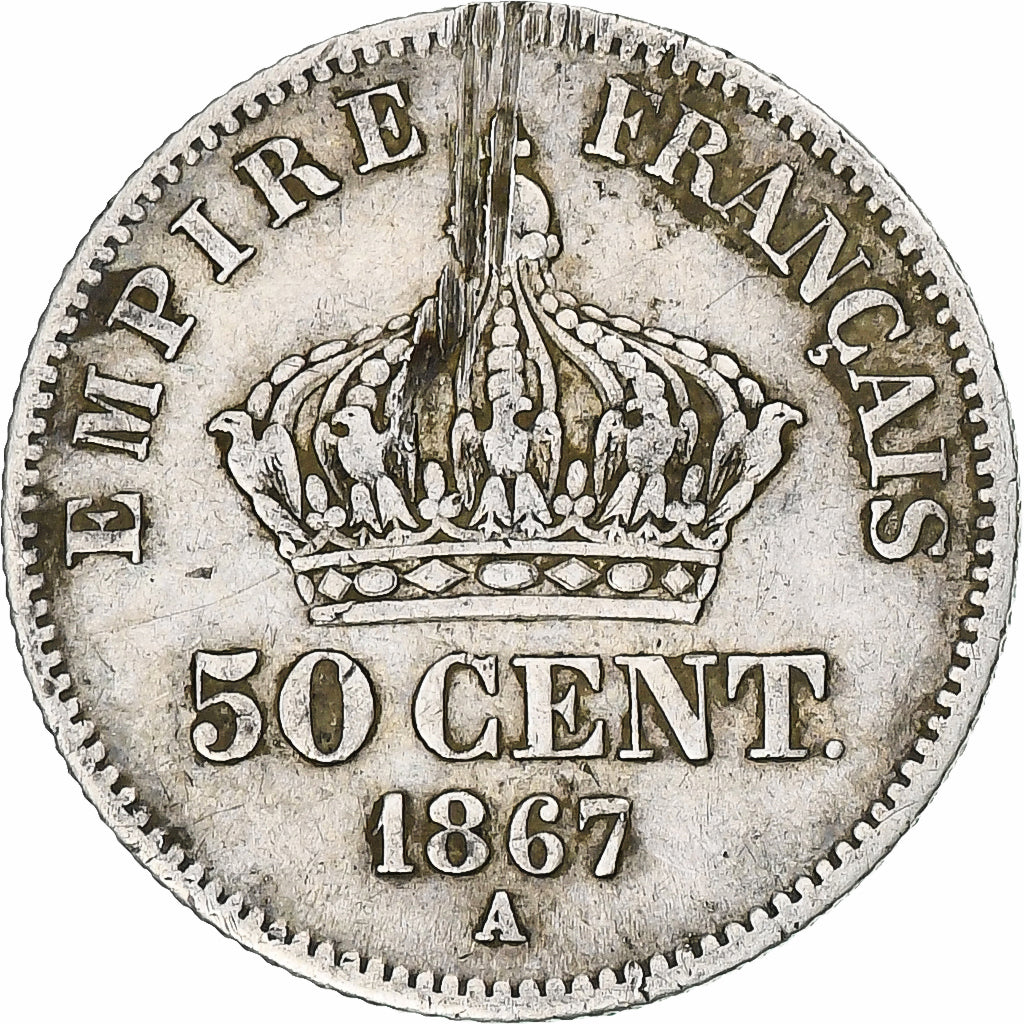 Frankrijk, Napoleon III, 50 Centimes, 1867, Paris, FR+, Zilver, KM:814.1