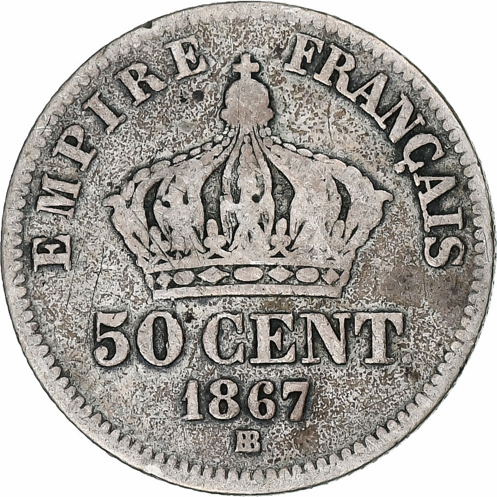 Francja, Napoleon III, 50 Centimes, 1867, Strasbourg, F(12-15), Srebro