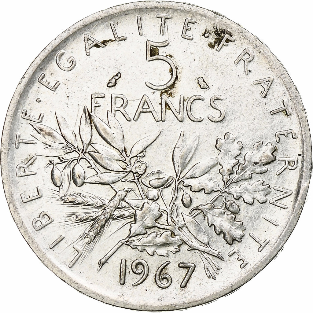 França, Semeuse, 5 Francs, 1967, Paris, AU(50-53), Prata, KM:926, Gadoury:770
