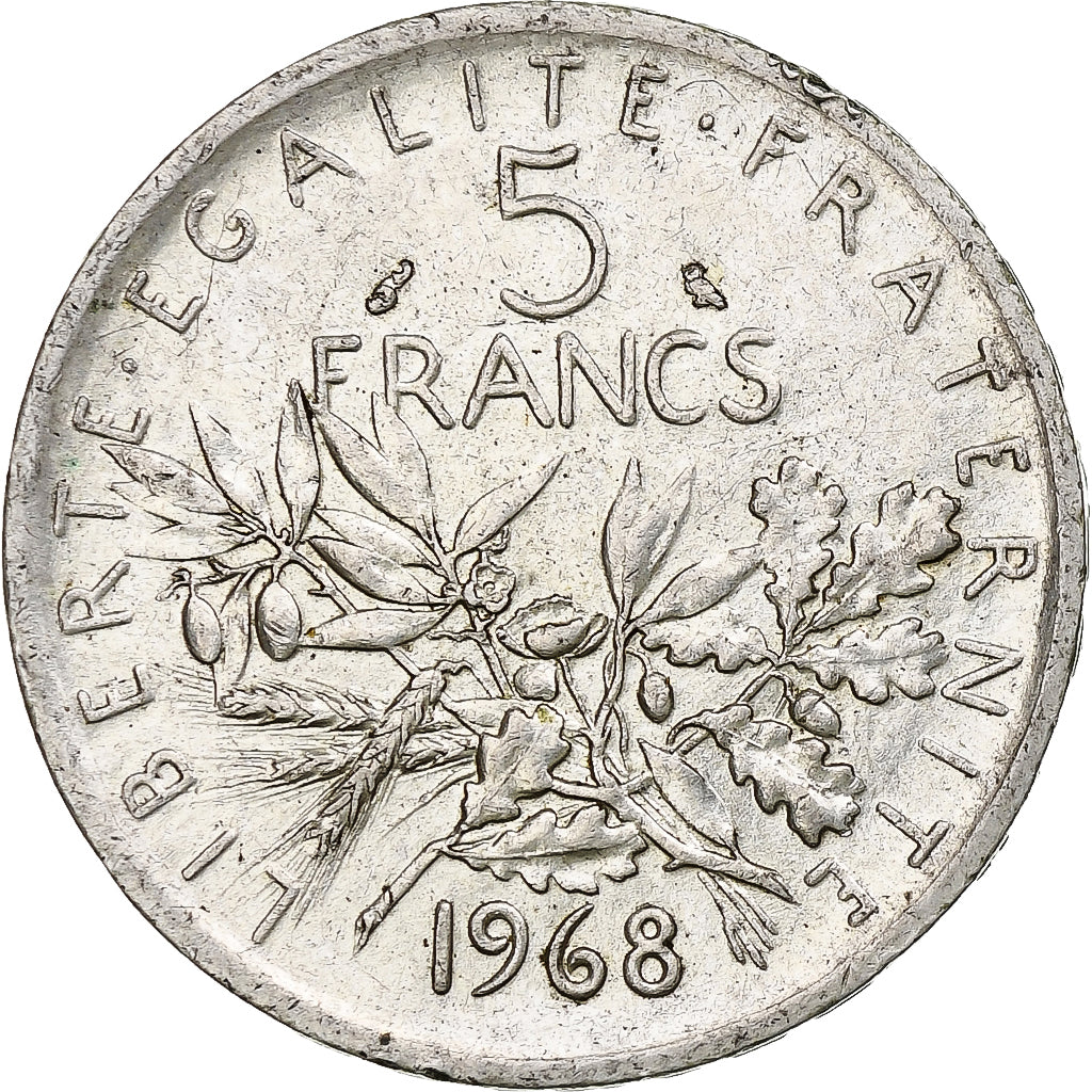 França, Semeuse, 5 Francs, 1968, Paris, AU(50-53), Prata, KM:926, Gadoury:770