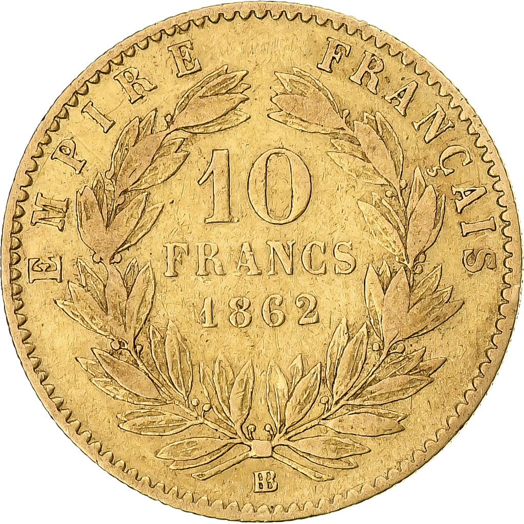 Francia, Napoleon III, 10 Francs, 1862, Strasbourg, MB+, Oro, KM:800.2