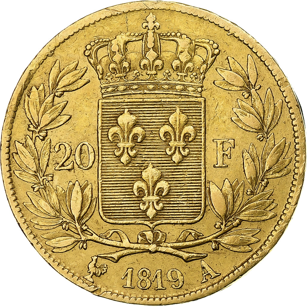 Francia, Louis XVIII, 20 Francs, 1819, Paris, BC+, Oro, KM:712.1, Gadoury:1028