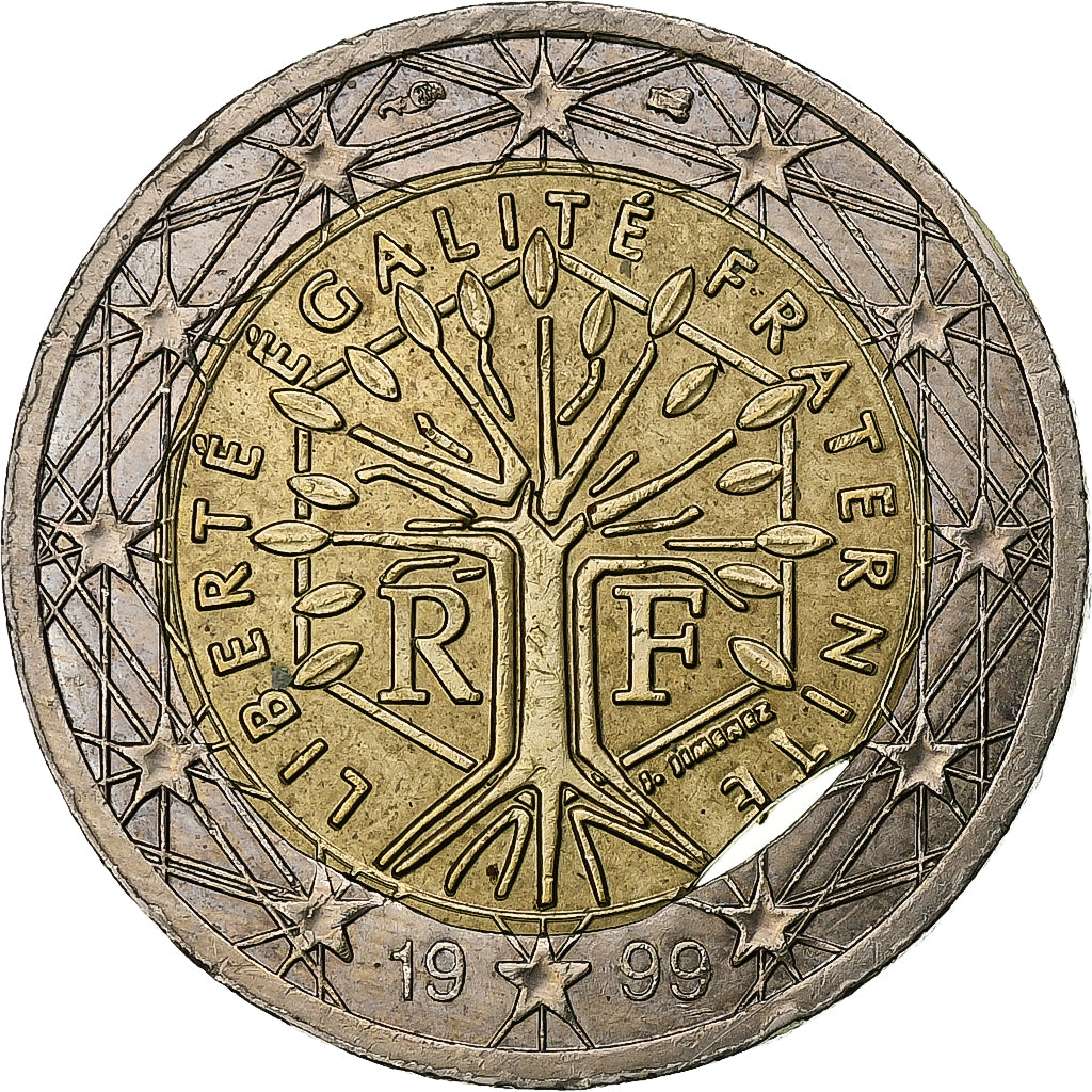 France, 2 Euro, 1999, Paris, error double clip, TTB+, Bimétallique, KM:1289