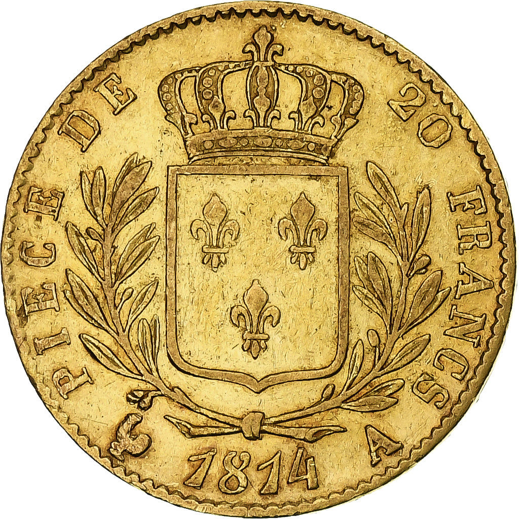 Francia, Louis XVIII, 20 Francs, 1814, Paris, MBC, Oro, KM:706.1, Gadoury:1026