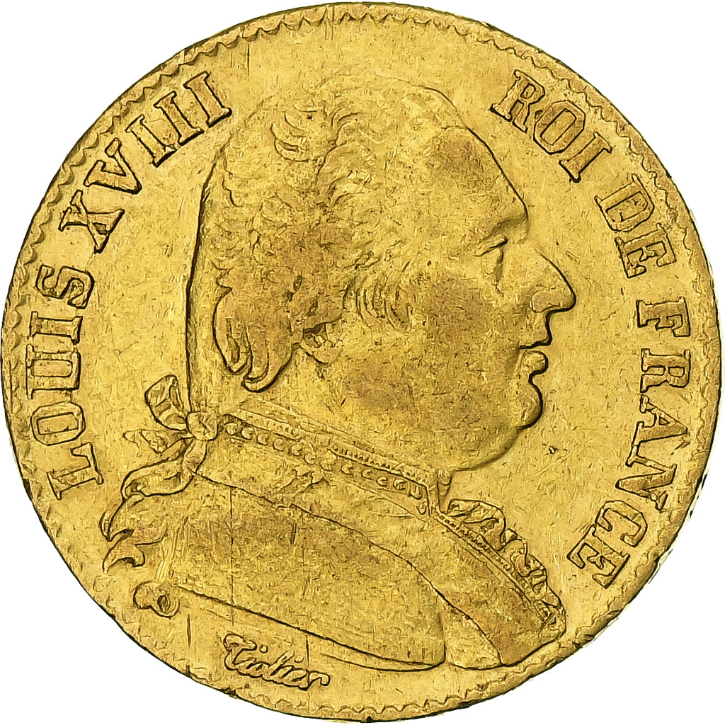 França, Louis XVIII, 20 Francs, 1815, Paris, VF(30-35), Dourado, KM:706.1