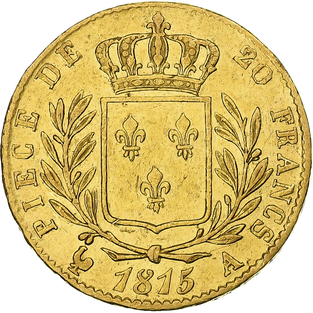 França, Louis XVIII, 20 Francs, 1815, Paris, VF(30-35), Dourado, KM:706.1