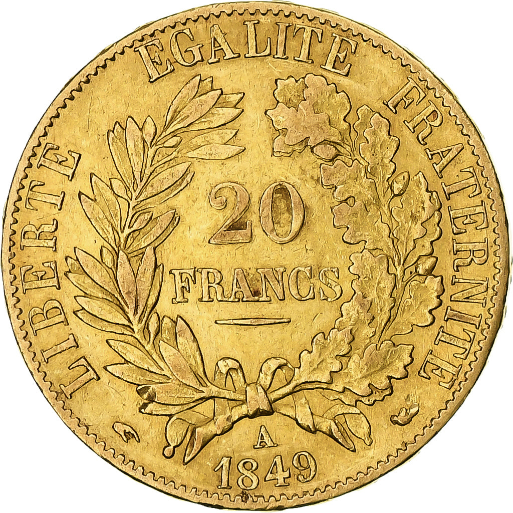França, Cérès, 20 Francs, 1849, Paris, AU(50-53), Dourado, KM:762