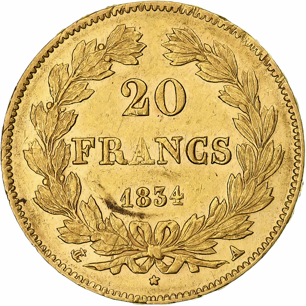 Francia, Louis-Philippe, 20 Francs, 1834, Paris, MBC, Oro, KM:750.1