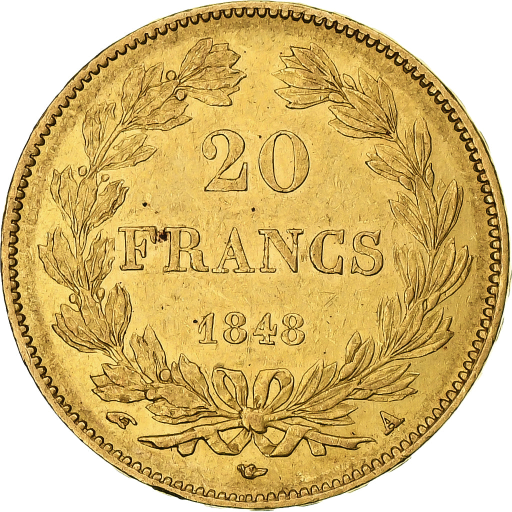 Francia, Louis-Philippe, 20 Francs, 1848, Paris, MBC+, Oro, KM:750.1