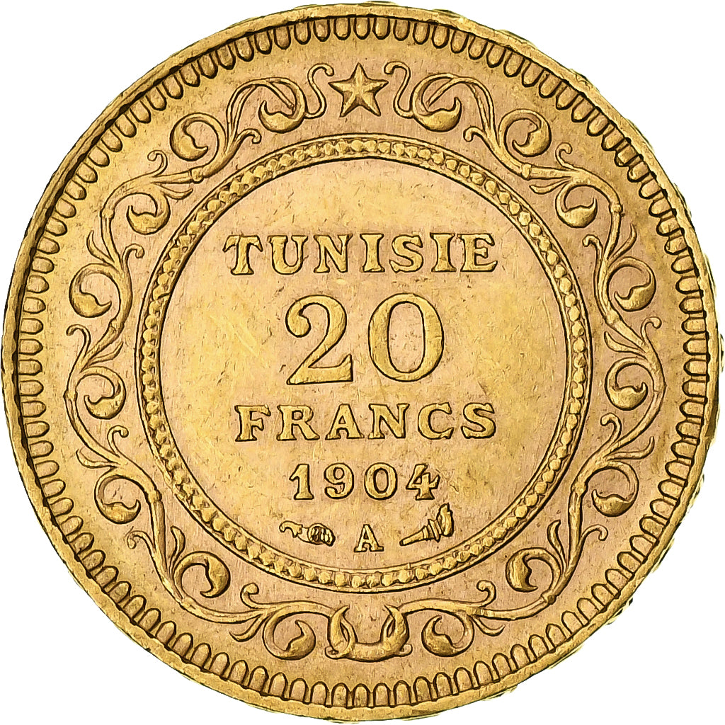 Túnez, Muhammad al-Hadi Bey, 20 Francs, 1904, Paris, MBC+, Oro, KM:234