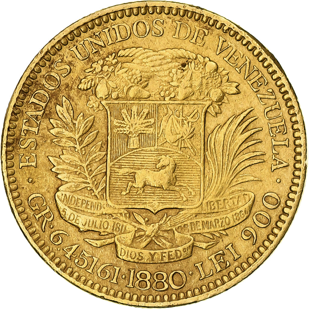 Venezuela, 20 Bolivares, 1880, Caracas, BC+, Oro, KM:32