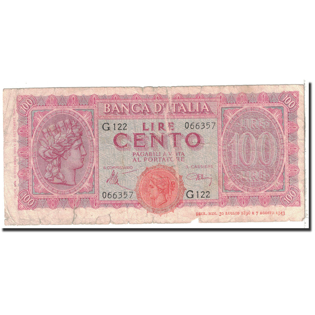 Banknote, Italy, 100 Lire, 1944, 1944-09-22, KM:67a, VG(8-10)