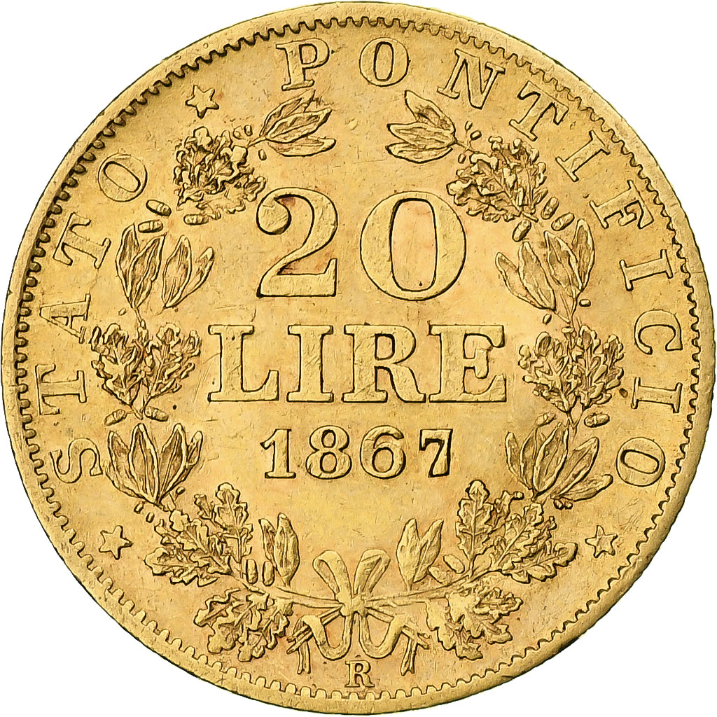 États italiens, PAPAL STATES, Pius IX, 20 Lire, 1867, Roma, TTB, Or, KM:1382.3
