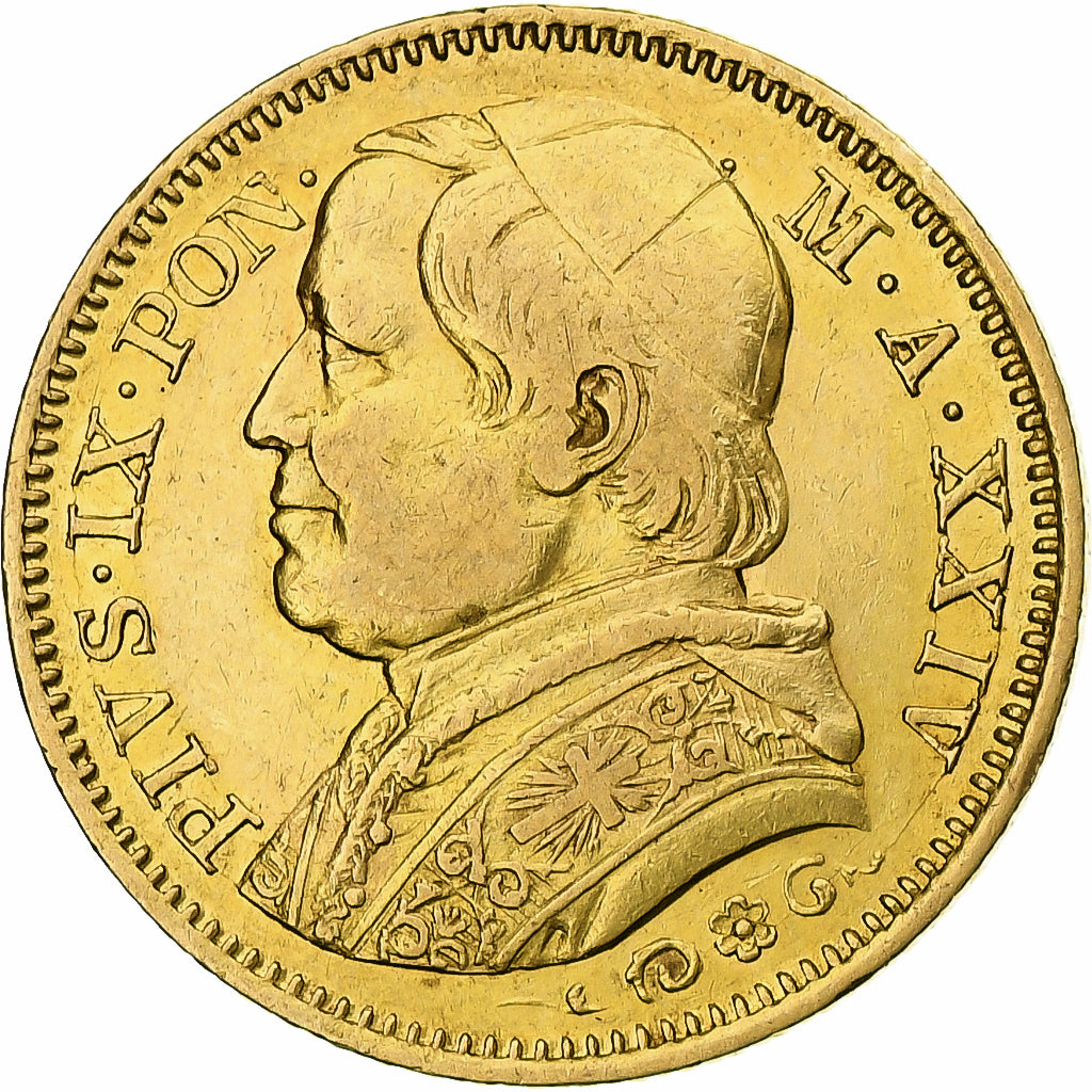 Estados italianos, PAPAL STATES, Pius IX, 20 Lire, 1870, Roma, MBC, Oro