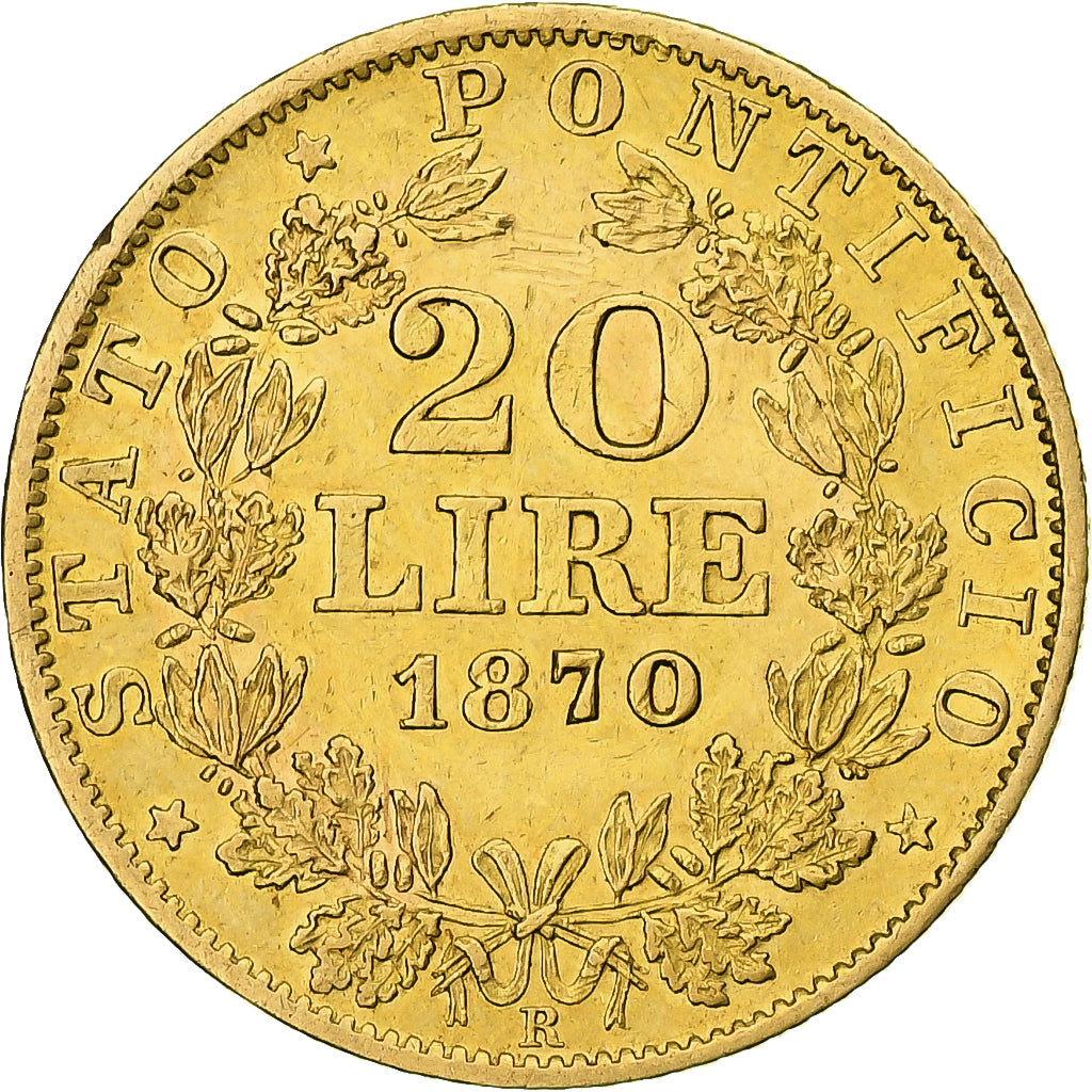 Estados italianos, PAPAL STATES, Pius IX, 20 Lire, 1870, Roma, MBC, Oro