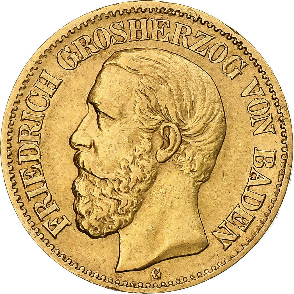 Stati tedeschi, BADEN, Friedrich I, 10 Mark, 1875, Karlsruhe, Oro, BB, KM:264